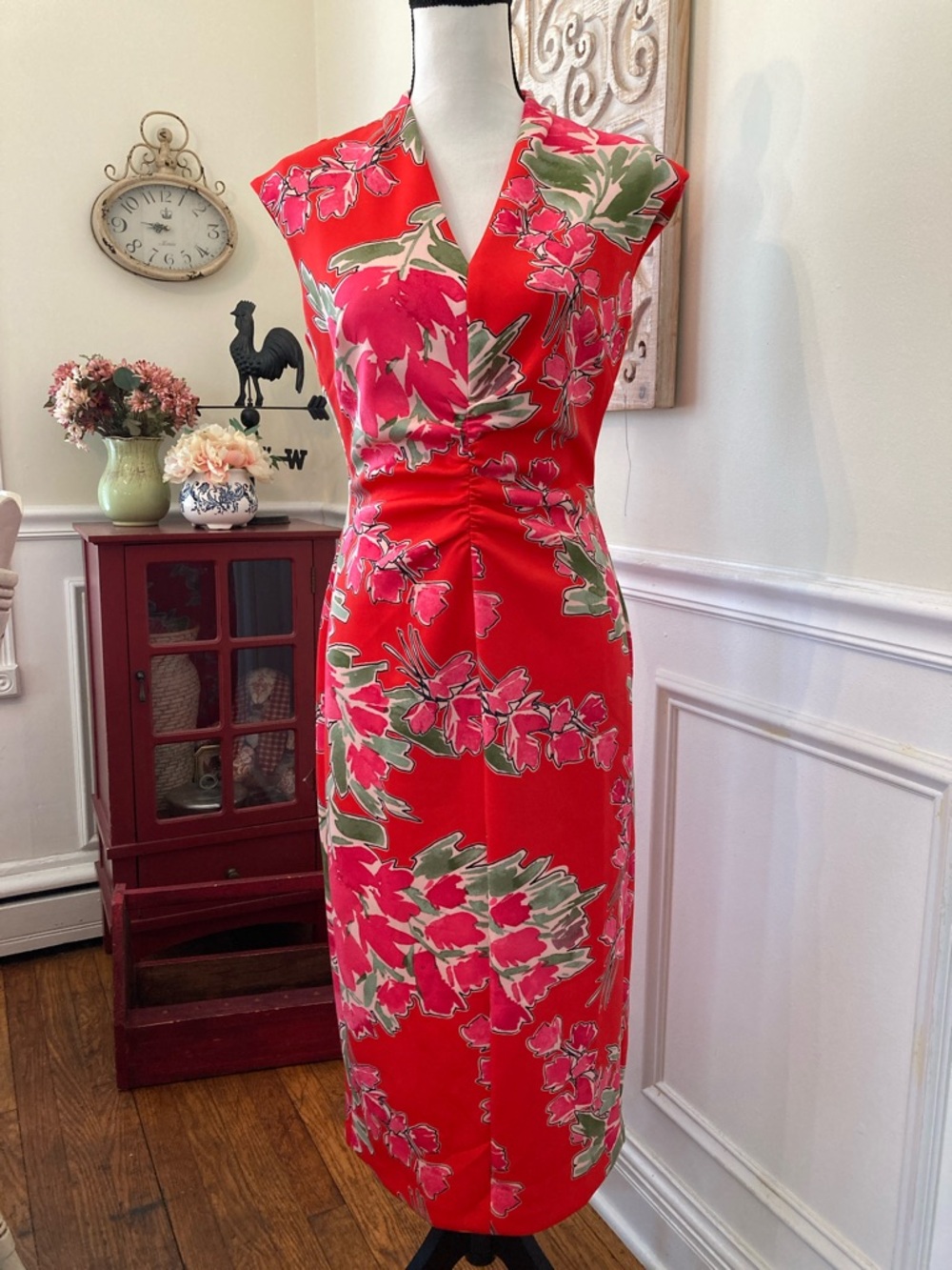 London Times Red Floral Midi Dress with Pink & Green Print